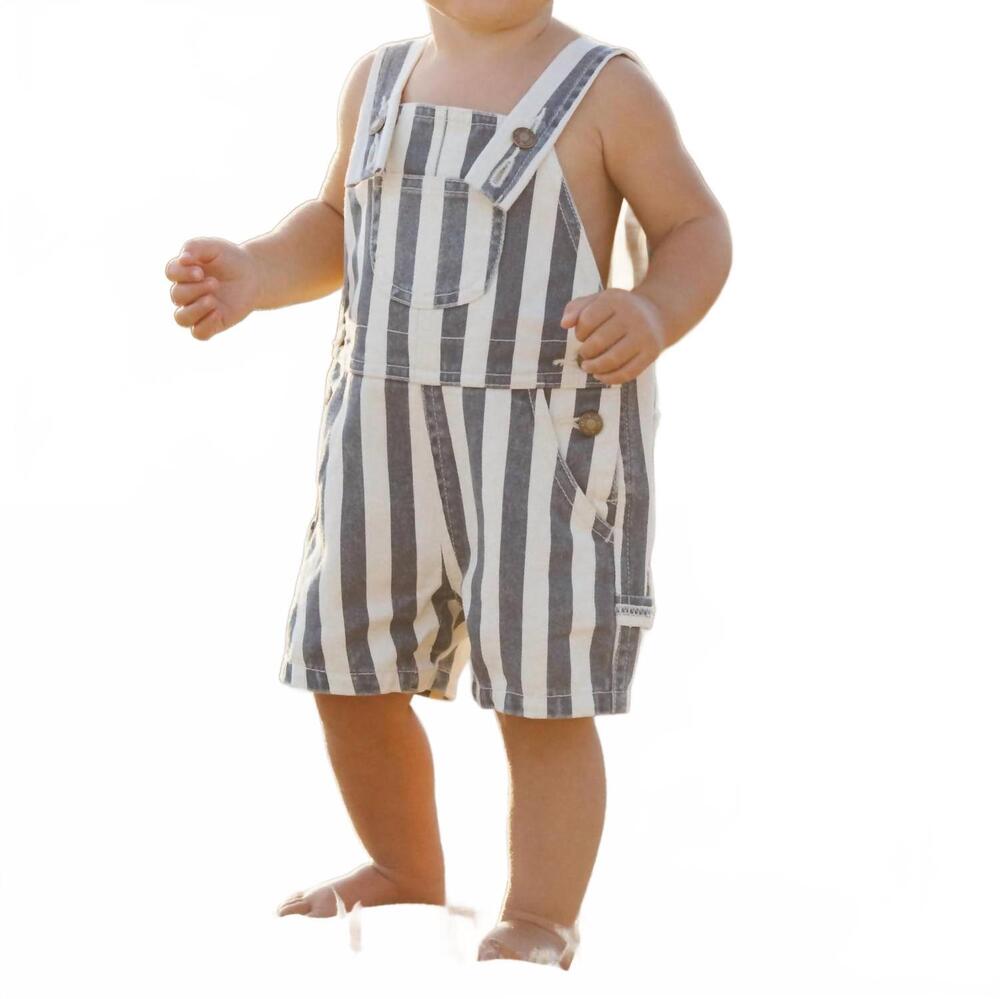 NEW RYLEE + CRU kid's denim stripe shortalls in navy/ecru
